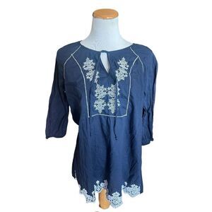 Womens Hannah Navy 3/4 Sleeve Embroidered Boho Keyhole Tunic Top - Sz S
